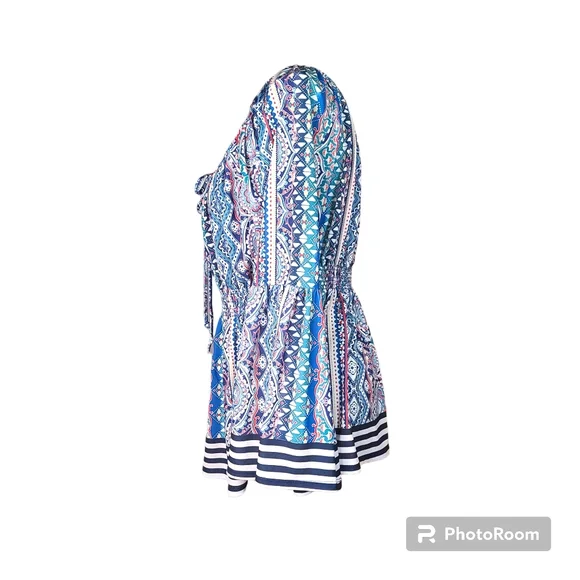 Boston Proper Size Large White Colorful Bell Sleeve Blouse Bohemian Patchwork - Picture 3 of 9